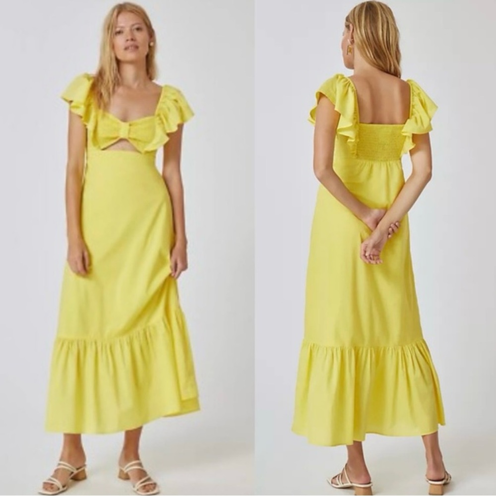 FARM Rio X Anthropologie Yellow lined Cotton Midi Dress with Ruffle Details